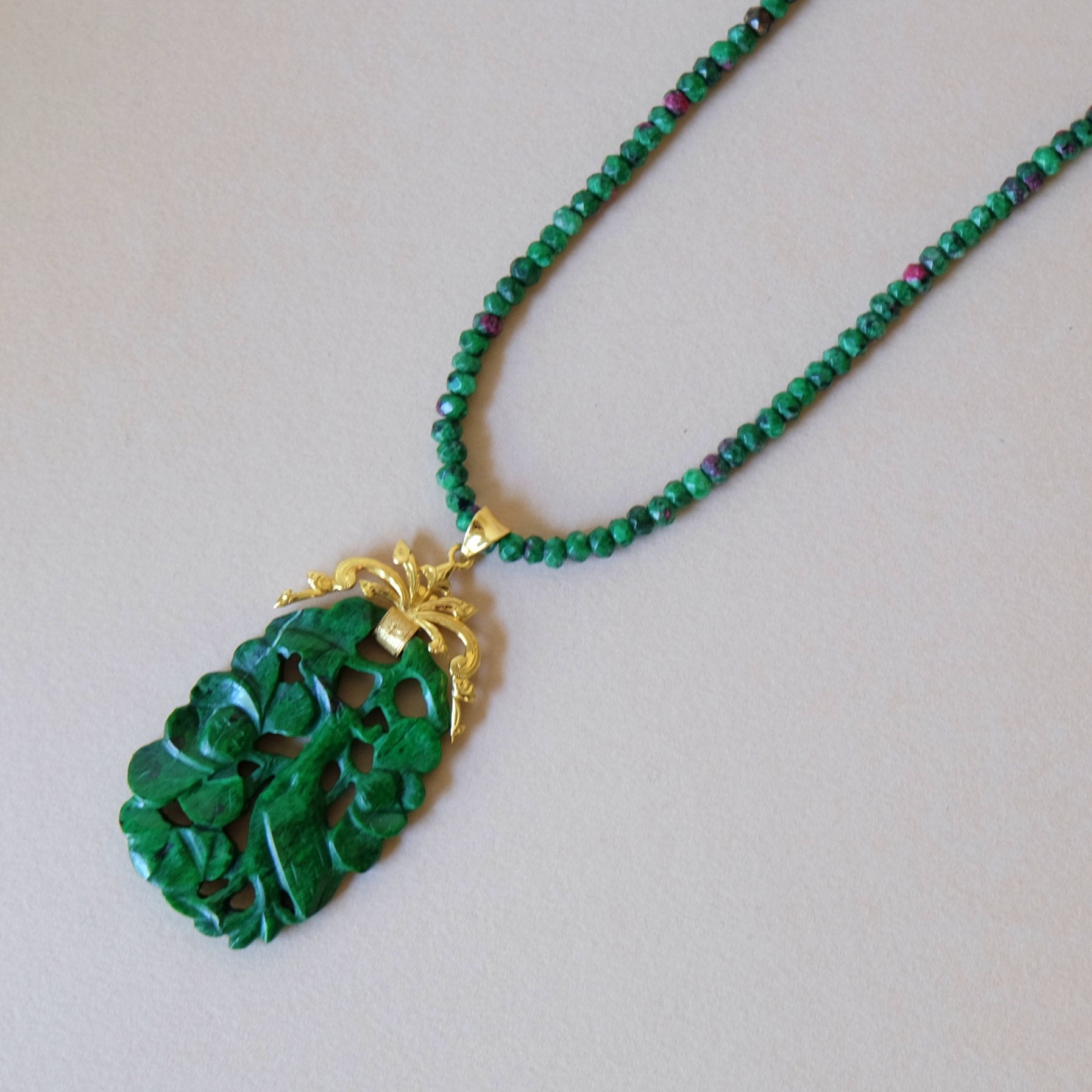 A Necklace with Vintage Carved Jade Shou Beads and Pearls